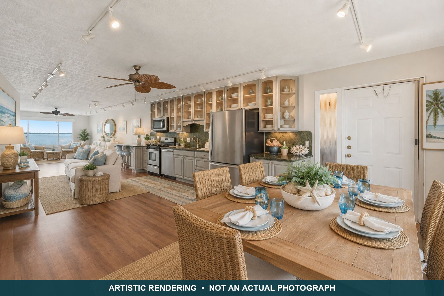 Virtually staged artistic rendering of the main living area, view one. Not an actual photograph.