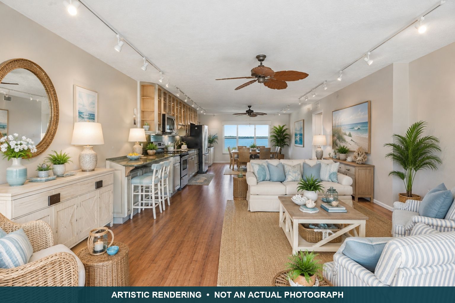 Virtually staged artistic rendering of the main living area, view two. Not an actual photograph.