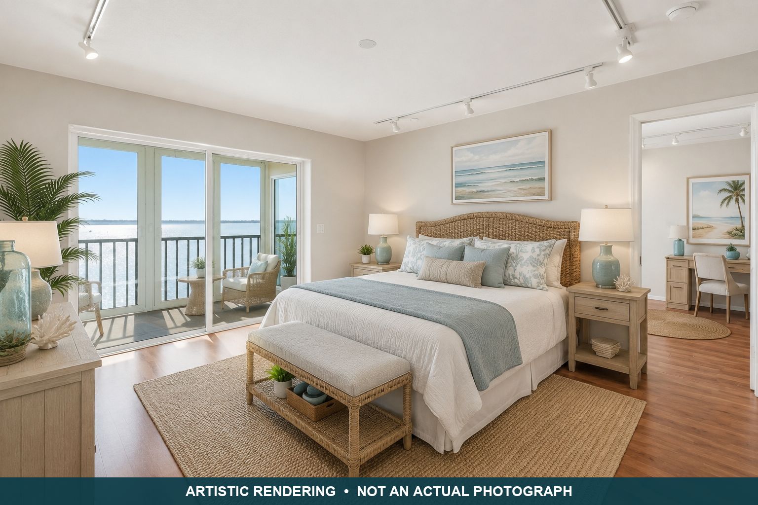Virtually staged artistic rendering of the primary bedroom. Not an actual photograph.