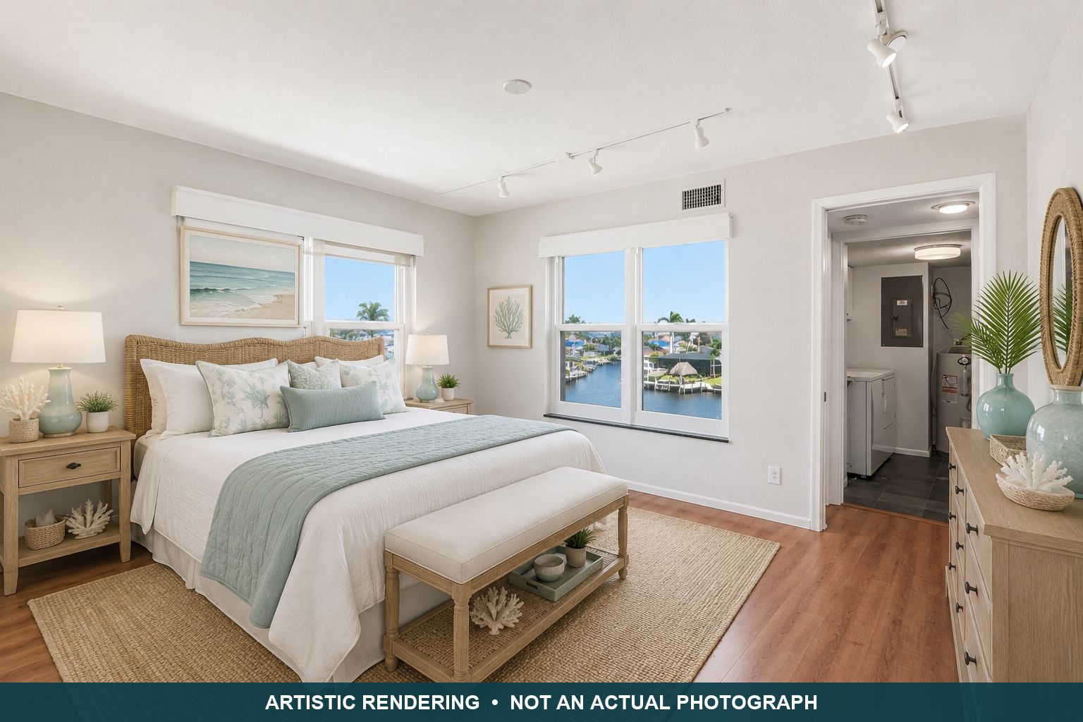 Virtually staged artistic rendering of the guest bedroom. Not an actual photograph.
