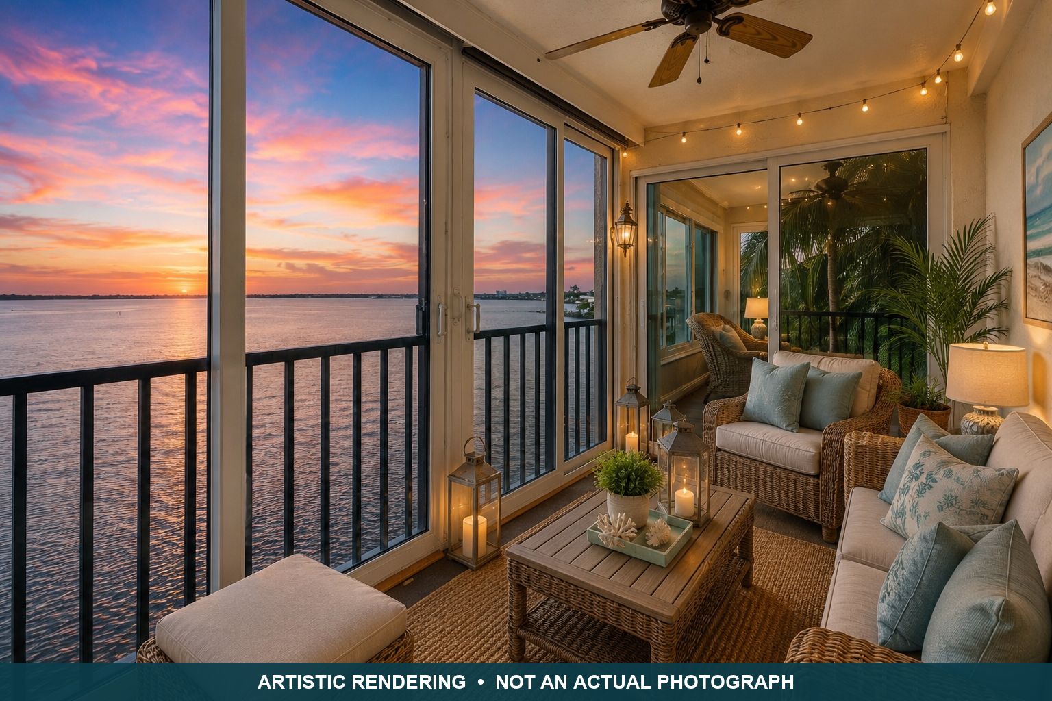 Virtually staged artistic rendering of the glass-enclosed lanai. Not an actual photograph.